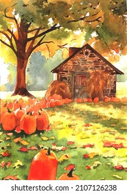 Watercolor Autumn Landscape With Pumpkins. Fall Field With Harvest Illustration. House And Pupkins Artwork.