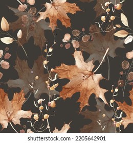 Watercolor autumn leaves seamless pattern on dark gray background. Orange, red, brown maple leaves, eucalyptus branches.