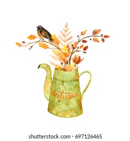 Watercolor Autumn Nature Elements. Bouquet In Watering Cans. Bird. Leaves And Branches