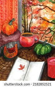 watercolor autumn postcard hand  drawn still life and pumpkin pieces table and tablecloth open book autumn leaves cup coffee   yellow orange trees outside window thanksgiving day greeting card