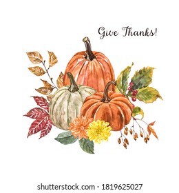 Watercolor autumn pumpkin arrangement  Orange pumpkins and dry colorful fall leaves   seasonal flowers  isolated white background  Thanksgiving day card template 