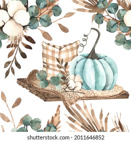 Watercolor Autumn Seamless Pattern With Colored Pumpkins, Leaves, Branches, Berries, Cozy Autumn Elements.