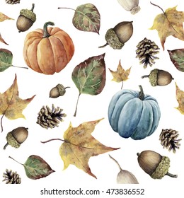 Watercolor Autumn Seamless Pattern. Hand Painted Pine Cone, Acorn, Berry, Yellow And Green Fall Leaves And Pumpkin Ornament Isolated On White Background. Botanical Illustration For Design