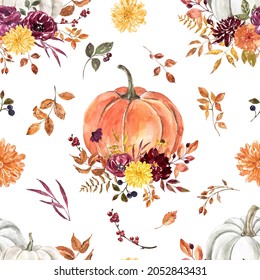 Watercolor autumn seamless pattern and white   orange pumpkin arrangement  fall colorful flowers  leaves  berries  Botanical seamless pattern  Harvest themed design 