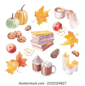 Watercolor autumn set with books, pumpkins, cocoa, cookies,  candles and yellow maple leaves. Cozy fall - Powered by Shutterstock