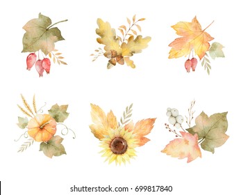 Watercolor Autumn Set Of Leaves, Branches, Flowers And Pumpkins Isolated On White Background. Thanksgiving Illustration For Your Design.