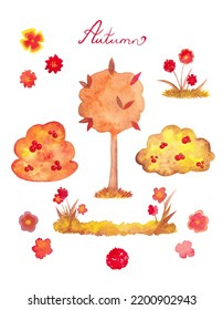 Watercolor Autumn Set With Plants, Bushes And Trees. Clipart. Decorative Elements