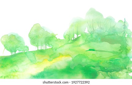 Watercolor autumn, summer forest, silhouette of trees, bushes., Field. Country view. Postcard, logo, card. Drawing of green trees on a summer grass on a white isolated background.Country landscape.