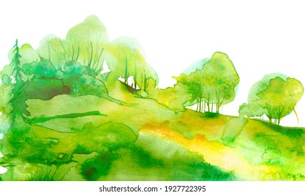Watercolor autumn  summer forest  silhouette trees  bushes   Field  Country view  Postcard  logo  card  Drawing green trees summer grass white isolated background Country landscape 