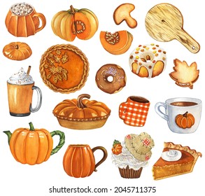 Watercolor Autumn Sweets And Drinks Clipart. Farmhouse Pumpkin Decor. Pumpkin Pie, Cookie, Cupcake, Teapot, Fall Hot Drink Illustrations. Kitchen Decor.