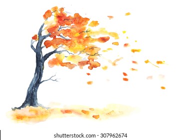 Watercolor autumn tree and yellow   orange leaves  Leaf fall and wind white  Hand drawing illustration 
