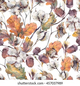 Watercolor Autumn Vintage Background With Twigs, Cotton Flower, Yellow Oak Leaves And Acorns. Botanical Watercolor Illustrations Seamless Pattern