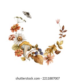 Watercolor autumn wreath in vintage style  Forest wreath and flowers  butterflies  mushrooms   herbs in muted colors  Greeting template for wedding your design
