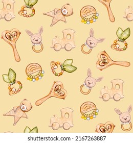 Watercolor babies teething toys, rattles, knitted toys on beige background pattern