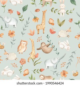 Watercolor Baby Animals For Nursery  Seamless Pattern Green 