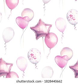 Watercolor Baby Baloons Pattern. Pink Baloons On The White Background. For Design, Print Or Background