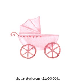 Watercolor Baby Carriage. Pink Baby Shower. High Quality Illustration