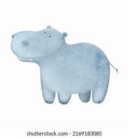 Watercolor baby cartoon  safari hippopotamus cute childish baby  illustration drawn on paper. Сhildish baby illustration.
