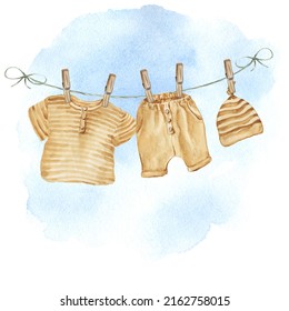 Watercolor Baby Clothes For A Boy. Hand Drawn Illustration For Baby Shower