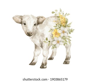 Watercolor baby cow   flower bouquets  Easter animals   floral  Cute farm pet  narcissus  mimosa  leaves  