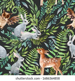 Watercolor baby deer, owl, little rabbits on wild herbs and flowers background. Woodland seamless pattern with cute animals. Hand painted nature illustration for nursery design, fabrics, textile