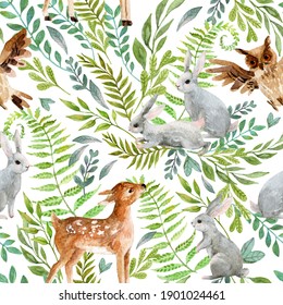 Watercolor Baby Deer, Owl, Little Rabbits On Wild Herbs And Flowers Background. Woodland Seamless Pattern With Cute Animals. Hand Painted Nature Illustration For Nursery Design, Fabrics, Textile