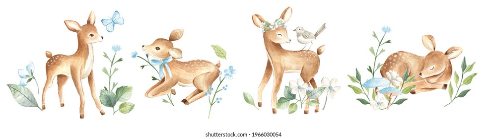 Watercolor Baby Deers Forest Woodland Animals With Blue Flowers Illustration