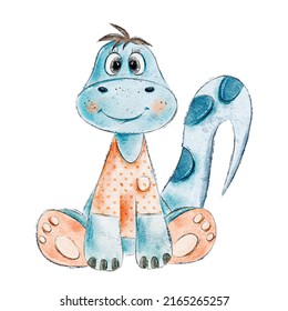 Watercolor Baby Dinosaur.Baby Animal Character Isolated On A White Background.