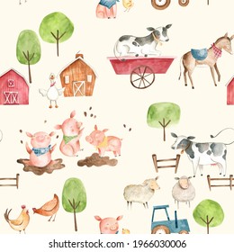 Watercolor baby  farm animals illustration seamless pattern  tile with cow, horse, pig, chicken, hen