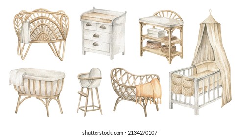 Watercolor Baby Furniture For The Nursery. Cradle, Canopy, Baby Bed, Changing Table, High Chair, Crib. Children's Room Interior