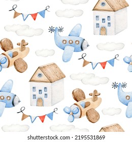 Watercolor Baby Pattern With Planes, House And Clouds.Childish Background.Print For Little Boy.Aviation.Transport.Sky