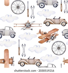 Watercolor baby pattern with retro cars and planes.Kid's pattern.Seamless pattern for boy.Childish ornament
