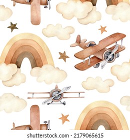 Watercolor Baby Print.Seamless Pattern For Kids.Airplane, Rainbow,clouds,stars.Aviation.Pastel Colors. Pattern For Boys. Kids Background.Vintage Plane.