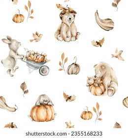 Watercolor baby seamless pattern. Hand painted autumn animals, forest leaves, bear, bunny, fall leaf, pumpkin isolated on white background. Nursery illustration for card design, print, textile, fabric - Powered by Shutterstock