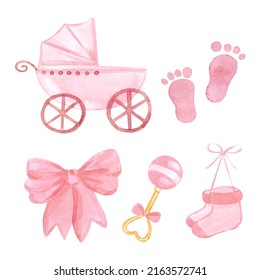 Watercolor Baby Shower Girl Set. Pink Cute Illustration It's A Girl