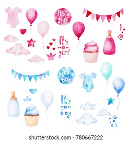 Watercolor Baby Shower Set. Its A Boy Or Girl Theme With Balloons, Baby Clothes And Cupcake. For Design, Print Or Background.