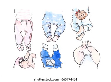 Watercolor Baby Sketches. Watercolor Children. Baby Clothes Isolated. Watercolor Clothes. Little Baby Shoes