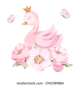 Watercolor Baby Swan Pink Floral Flower Peony Roses Butterfly Crown Princess