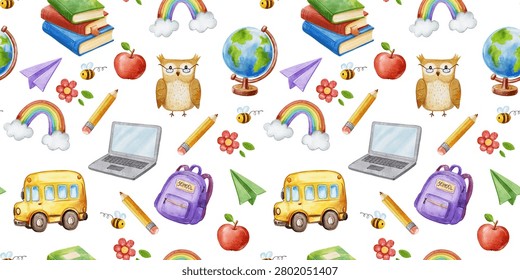 Watercolor back to school pattern set with school supplies.Patterns with books backpack and crayons,with owl bus backpack and stationery.