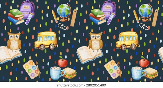 Watercolor back to school pattern set with school supplies.Patterns with books backpack and crayons,with owl bus backpack and stationery.