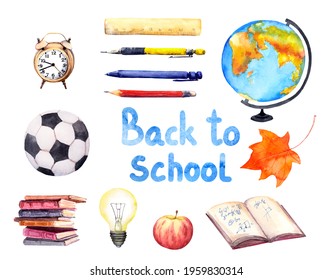 Watercolor Back to school set - books, autumn leaves, globe, football ball, clocks, apple, pen and pencils. Bundle of isolated illustrations, pictures for education design