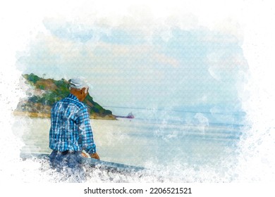 Watercolor Back Turned Old Man Looking Forward And Trying To Fishing, Watercolor Painting Cinematic Scene, Older Man's Hobbies Idea, Calm And Relaxed Scene, Bridge And Mountain In The Background