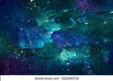 Watercolor background. 2d hand drawn cosmic pattern of night sky with stars. Turquoise blue violet illustration