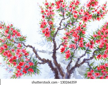 Watercolor background. The bright red flowers and lush green foliage in spring blooming of an old tree