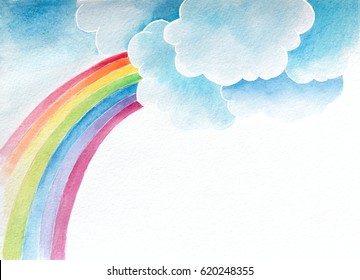 watercolor background with clouds and rainbow