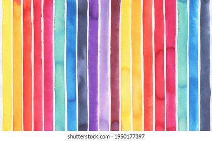 Watercolor background with colorful stripes of various colors: yellow, orange, red, rose, turquoise, blue, navy, violet, lilac, mauve and bordo shades. Handdrawn watercolour graphic painting on white.