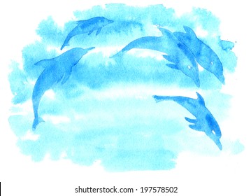 Watercolor background with dolphins