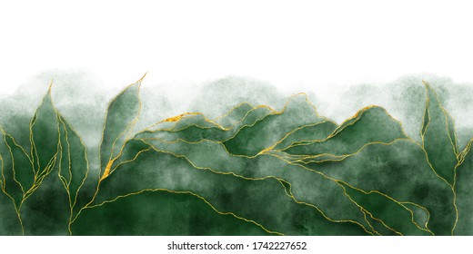 Watercolor background drawn by brush. Green paints spilled on paper. Golden shiny veins and Liquid marble texture. Fluid art luxury wallpaper for design, print, invitations.