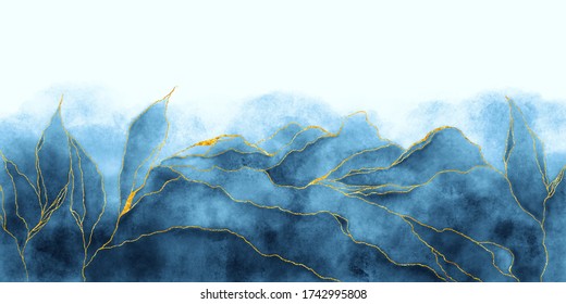 Watercolor background drawn by brush. Blue paints spilled on paper. Golden shiny veins and cracked marble texture. Elegant holiday luxury wallpaper for design, print, invitations.