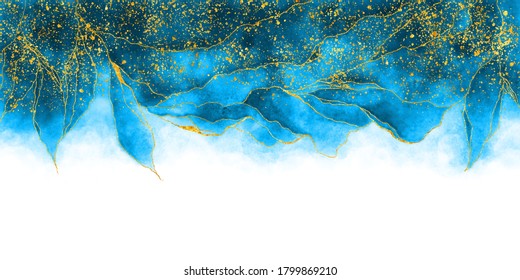 Watercolor background drawn by brush. Blue paints spilled on paper. Golden shiny veins and cracked marble texture. Elegant luxury wallpaper for design, print, invitations.